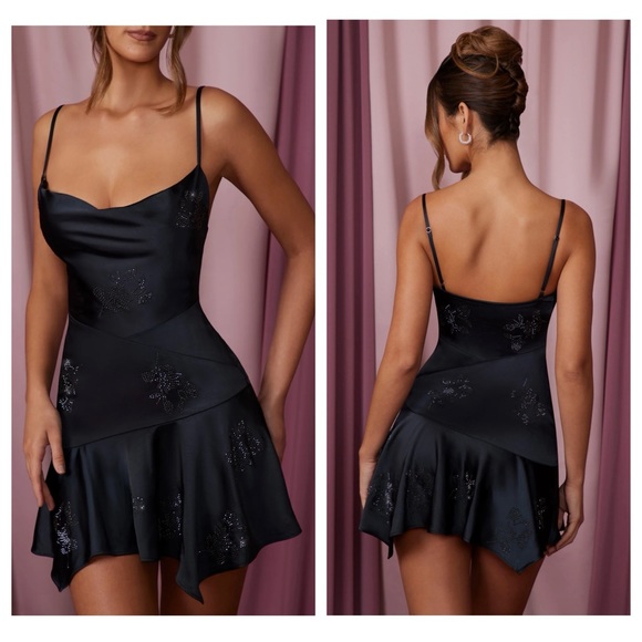 Oh Polly Dresses & Skirts - NWT Oh Polly Capucine Cowl Neck Handkerchief Hem Mini Dress in Black size 2